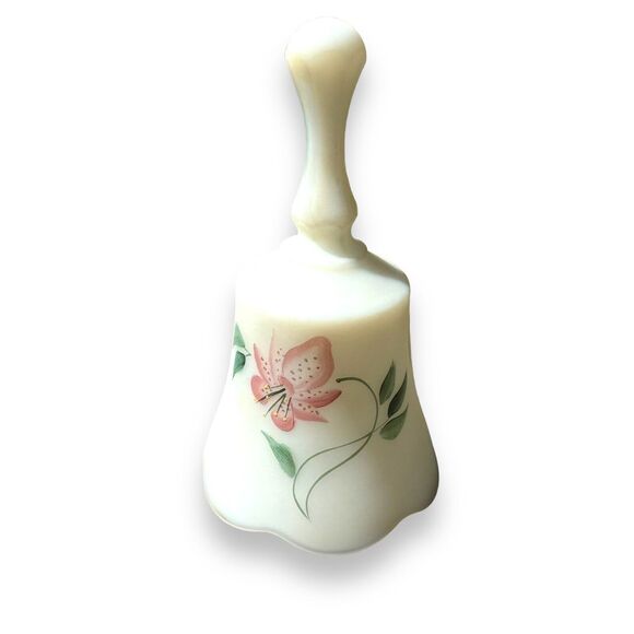 Vintage‎ White Satin Glass Fenton Bell Hand Painted Pink Flowers Lilly Sticker - Picture 1 of 6